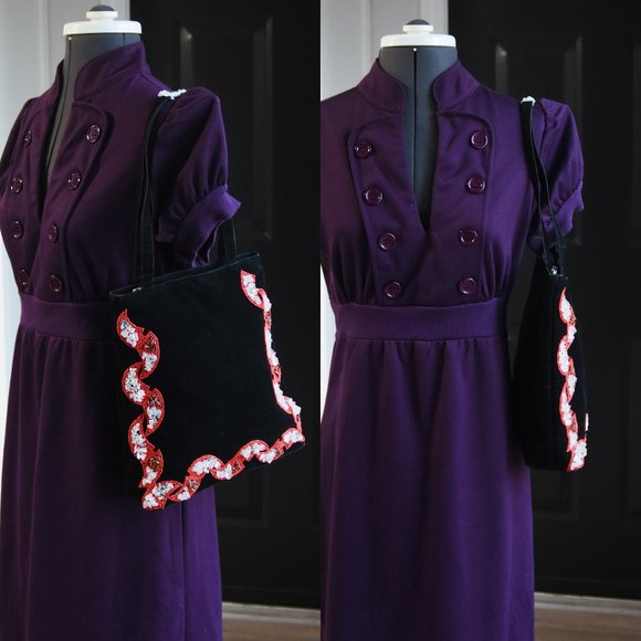 Vintage NEW w/tag Velvet Beaded Black Bag, Ermo Collection Rock/Clear/Seed Beads - Picture 2 of 15